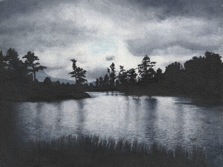 "Fin de journée sur le lac Achard", aquarelle, 30x40 cm