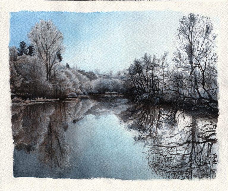 "Vue du pont des Bechets, Hérisson", aquarelle, 30x40 cm